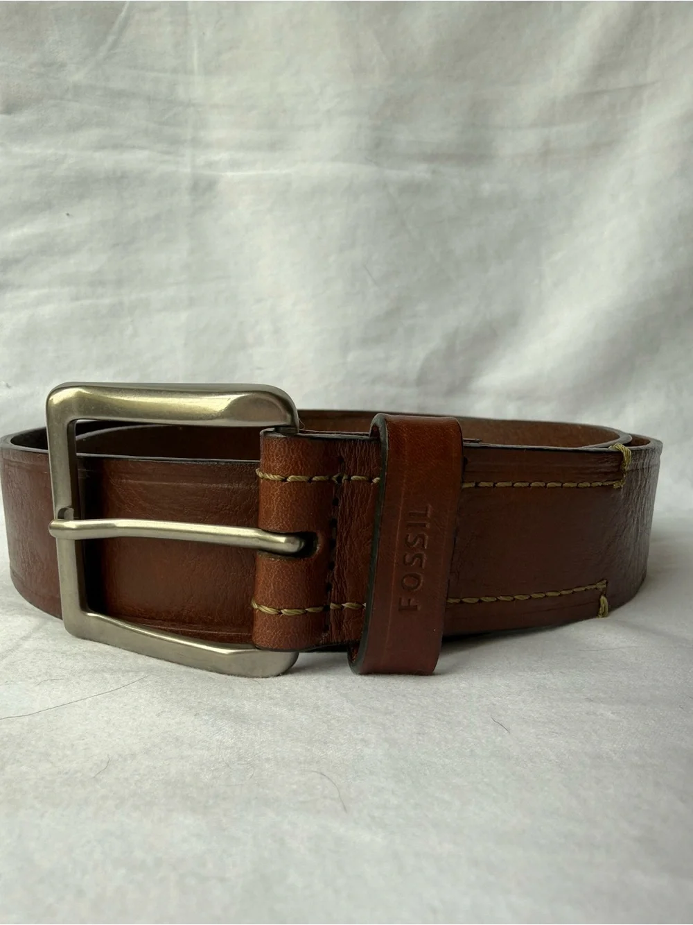 Fossil Deep Brown Genuine Leather Belt with Silver Accents